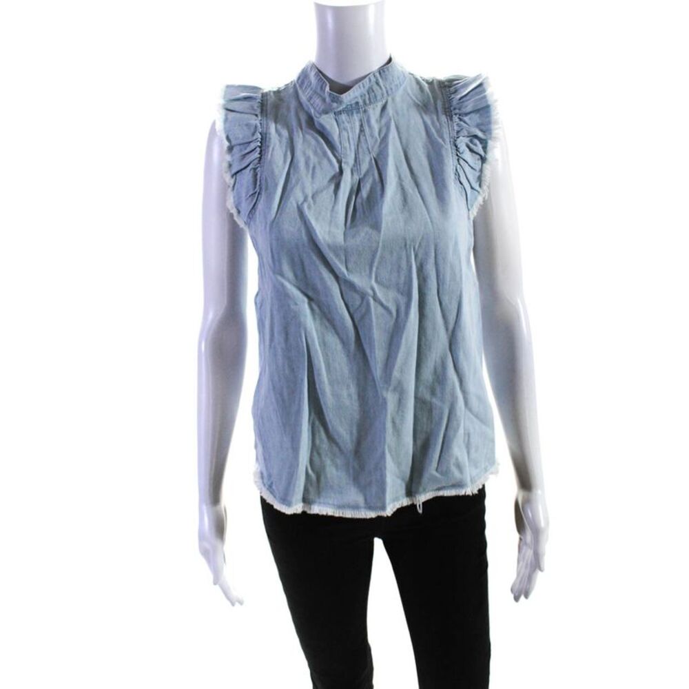 Melissa Nepton Womens Alicia Denim Fringe Ruffle Sleeveless Top Blouse Blue XS